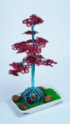 Crimson & Teal Wire Bonsai Tree | Handmade Art Sculpture | Glossy Ceramic Base with Natural Stones | Unique Home Decor Gift