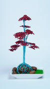 Crimson & Teal Wire Bonsai Tree | Handmade Art Sculpture | Glossy Ceramic Base with Natural Stones | Unique Home Decor Gift