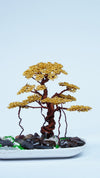 Mini Copper Wire Bonsai Tree | Handmade Sculpture with Golden Foliage | Zen Decor in White Ceramic Tray | Nature-Inspired Gift