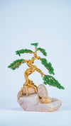 Handmade Wire Bonsai Tree Sculpture – Gold & Green Wire Art with Stone Base | Feng Shui Prosperity Gift | Miniature Tree Decor