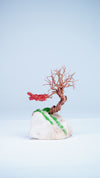Handcrafted Copper Wire Bonsai Tree Sculpture on White Stone Base –Desk Ornament with Roots and Green Grass Detail