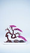 Handcrafted Wire Bonsai Tree Sculpture – Pink Aluminum Foliage on Copper Trunk – Miniature Bonsai Art with Stones on White Tray