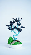 Meditative Bonsai Tree Sculpture – Beaded Bonsai Art with Copper Wire & Black Glass Seed Beads in White Pot