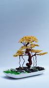 Mini Copper Wire Bonsai Tree | Handmade Sculpture with Golden Foliage | Zen Decor in White Ceramic Tray | Nature-Inspired Gift