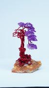 Handcrafted Red & Purple Copper Wire Bonsai Tree Sculpture | 5-Inch Art Tree on Natural Stone Base