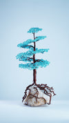 Handcrafted Wire Bonsai Tree Sculpture – Turquoise & Copper on Natural Stone Base