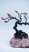 Handmade Wire Bonsai Tree Sculpture with Red Flowers on Natural Stone Base – Root Over Rock Wire Art, Unique Home Decor Gift