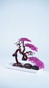 Handcrafted Wire Bonsai Tree Sculpture – Pink Aluminum Foliage on Copper Trunk – Miniature Bonsai Art with Stones on White Tray