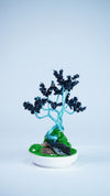 Meditative Bonsai Tree Sculpture – Beaded Bonsai Art with Copper Wire & Black Glass Seed Beads in White Pot