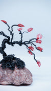 Handmade Wire Bonsai Tree Sculpture with Red Flowers on Natural Stone Base – Root Over Rock Wire Art, Unique Home Decor Gift