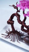 Handcrafted Wire Bonsai Tree Sculpture – Pink Aluminum Foliage on Copper Trunk – Miniature Bonsai Art with Stones on White Tray
