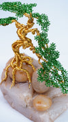 Handmade Wire Bonsai Tree Sculpture – Gold & Green Wire Art with Stone Base | Feng Shui Prosperity Gift | Miniature Tree Decor