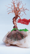Handcrafted Copper Wire Bonsai Tree Sculpture on White Stone Base –Desk Ornament with Roots and Green Grass Detail