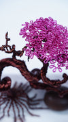 Handcrafted Wire Bonsai Tree Sculpture – Pink Aluminum Foliage on Copper Trunk – Miniature Bonsai Art with Stones on White Tray