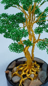 Golden Wire Bonsai Tree | Handmade Copper Art | Green Leaf Sculpture | 9" Decor Tree in Black Pot with Pebbles | Nature-Inspired Gift
