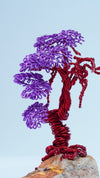 Handcrafted Red & Purple Copper Wire Bonsai Tree Sculpture | 5-Inch Art Tree on Natural Stone Base