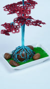 Crimson & Teal Wire Bonsai Tree | Handmade Art Sculpture | Glossy Ceramic Base with Natural Stones | Unique Home Decor Gift