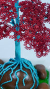 Crimson & Teal Wire Bonsai Tree | Handmade Art Sculpture | Glossy Ceramic Base with Natural Stones | Unique Home Decor Gift